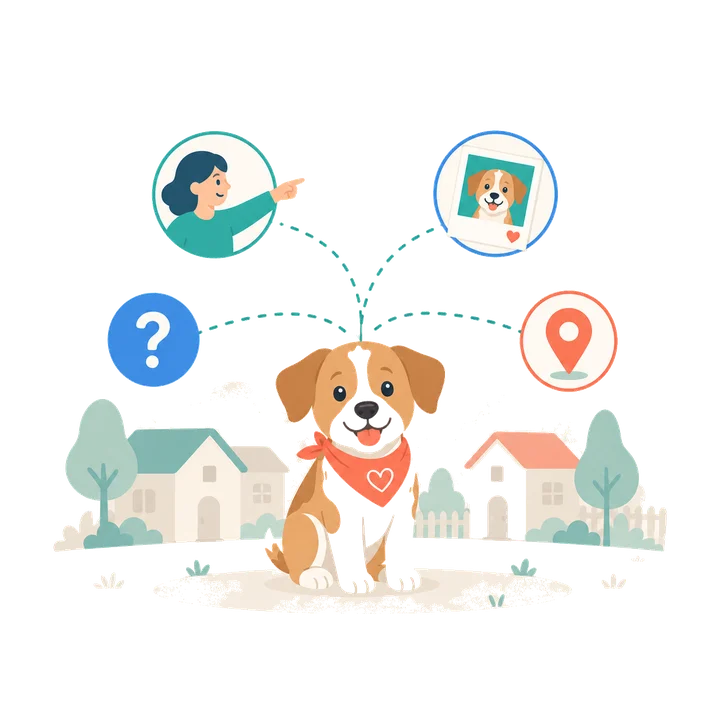 Ilustración de huellas y pistas que llevan a un perrito