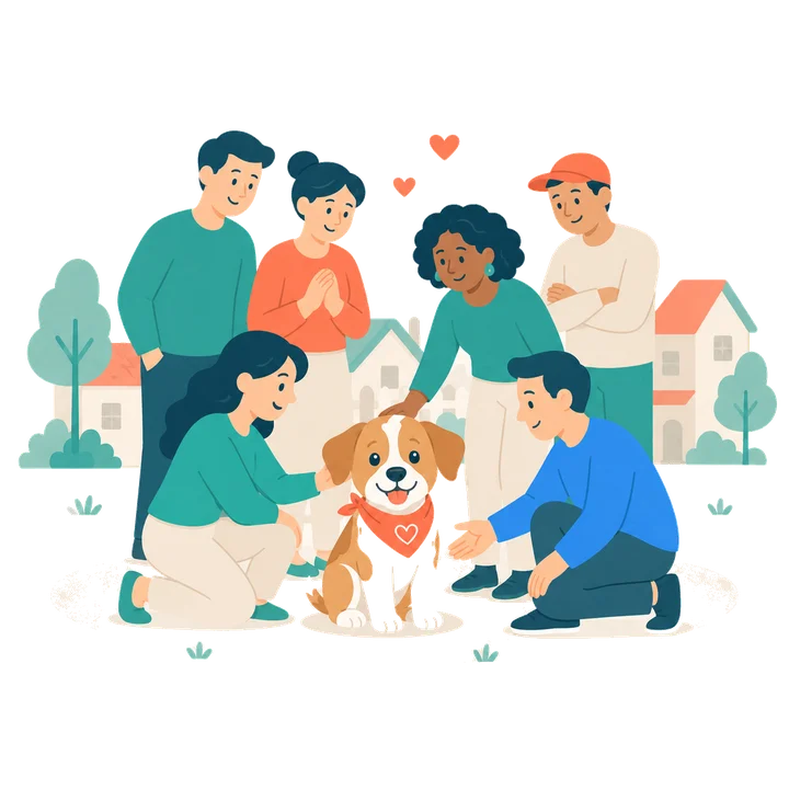 Ilustración de un perrito con paliacate coral rodeado de su manada