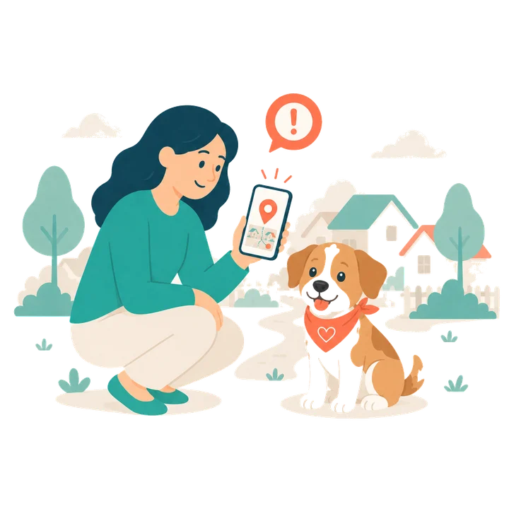 Ilustración de un perrito con un pin de ubicación — alertas de tu zona